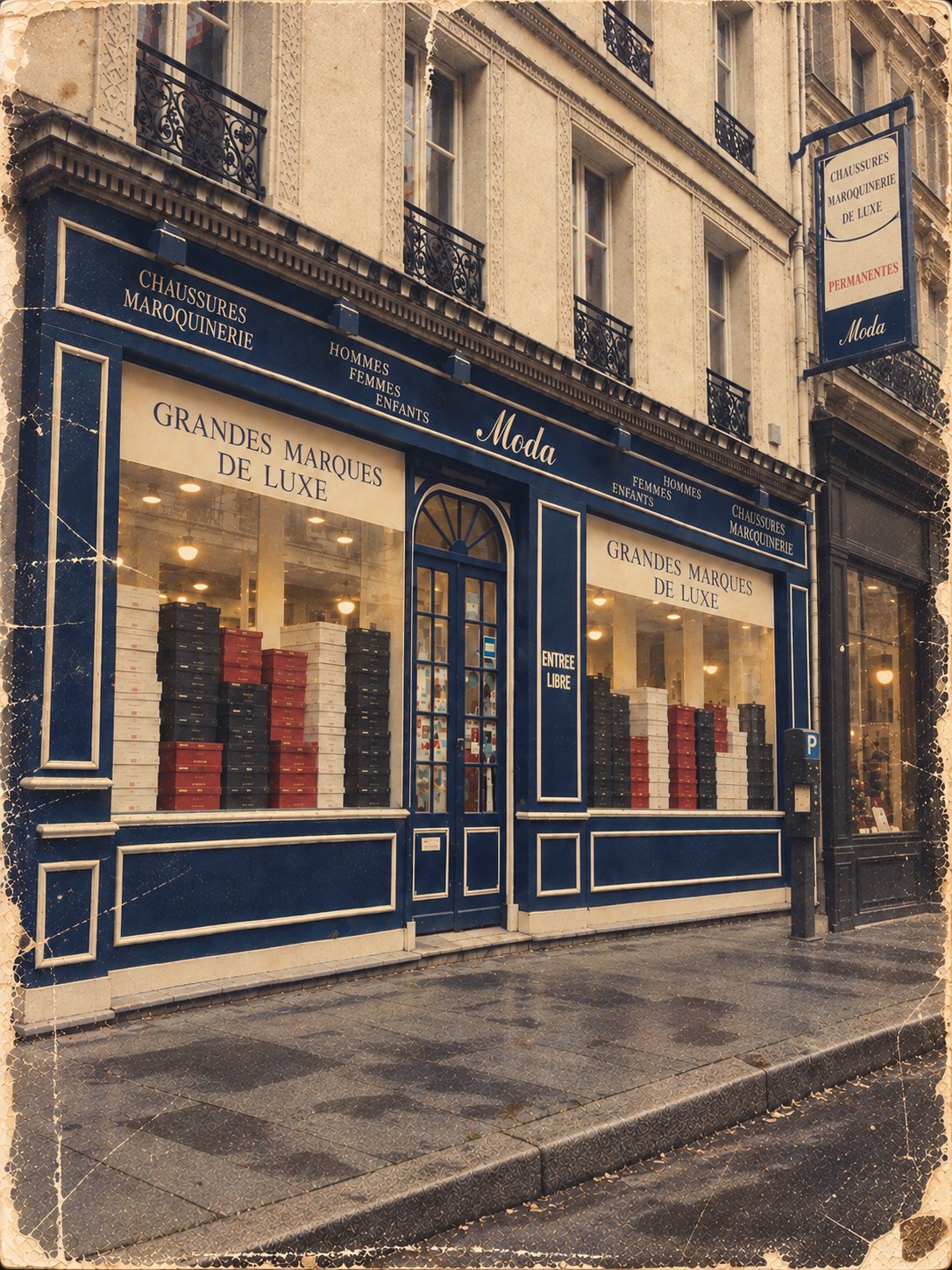 Facciata blu della boutique Moda al 79 rue de la Victoire a Parigi negli anni '80